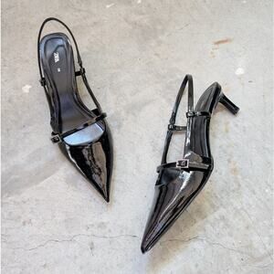 Zara Black Patent Leather Pointed Toe Kitten Heel Slingback Shoes, size 38/US7.5